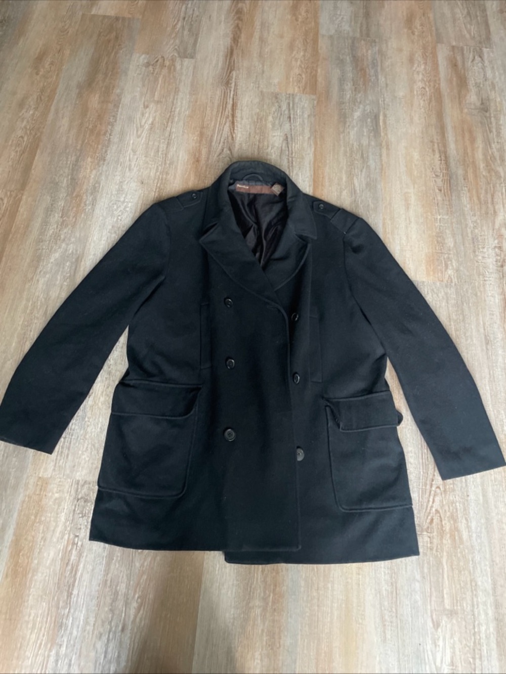 Perry Ellis Portfolio Mens Wool Collared Buttoned Trench Coat Black XL Vtg